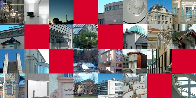 Mosaik-Abbildung von verschiedenen Gebäuden der Universität Bern, dazwischen einige rote Quadrate.